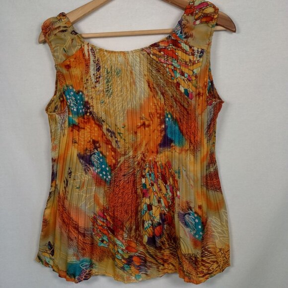 Dressbarn Shirt Large Sleeveless Pleated Button Up Orange Whimsical Forest Fairy - Picture 2 of 16